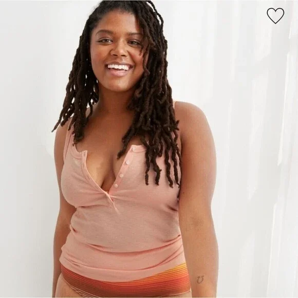 Aerie Peach Henley Ribbed Tank - Picture 1 of 8